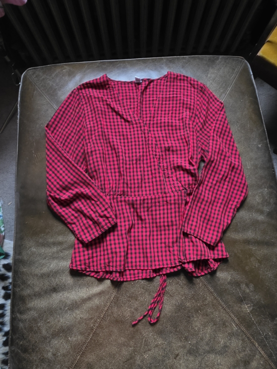 Old Navy Tops - Old Navy Red Black Gingham Plaid Faux Wrap Blouse Top NWOT L